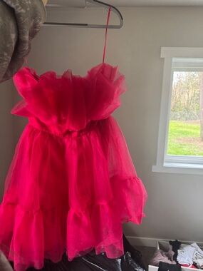 Hot Pink Ruffled Tulle Mini Dress